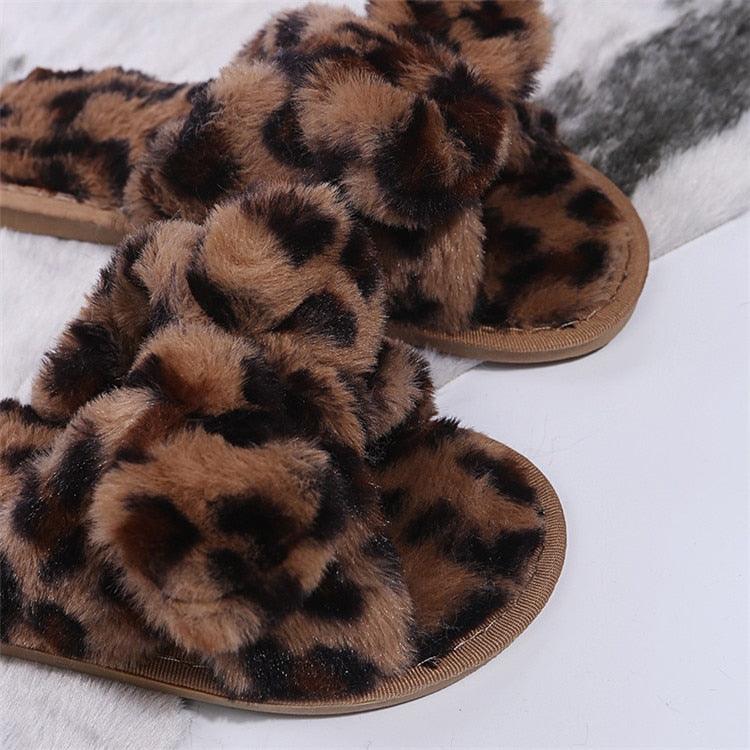 Women Slippers Winter Shoes Home Slippers Faux Fur Slippers Leopard Print Bow Decoration Shoes Faux Fur Slippers Warm Flip Flop House Slippers Open Toe Home Slippers For Girls Stevvex