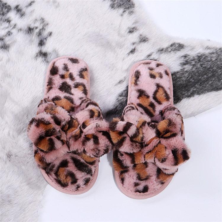 Women Slippers Winter Shoes Home Slippers Faux Fur Slippers Leopard Print Bow Decoration Shoes Faux Fur Slippers Warm Flip Flop House Slippers Open Toe Home Slippers For Girls Stevvex