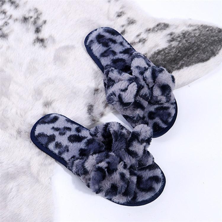 Women Slippers Winter Shoes Home Slippers Faux Fur Slippers Leopard Print Bow Decoration Shoes Faux Fur Slippers Warm Flip Flop House Slippers Open Toe Home Slippers For Girls Stevvex