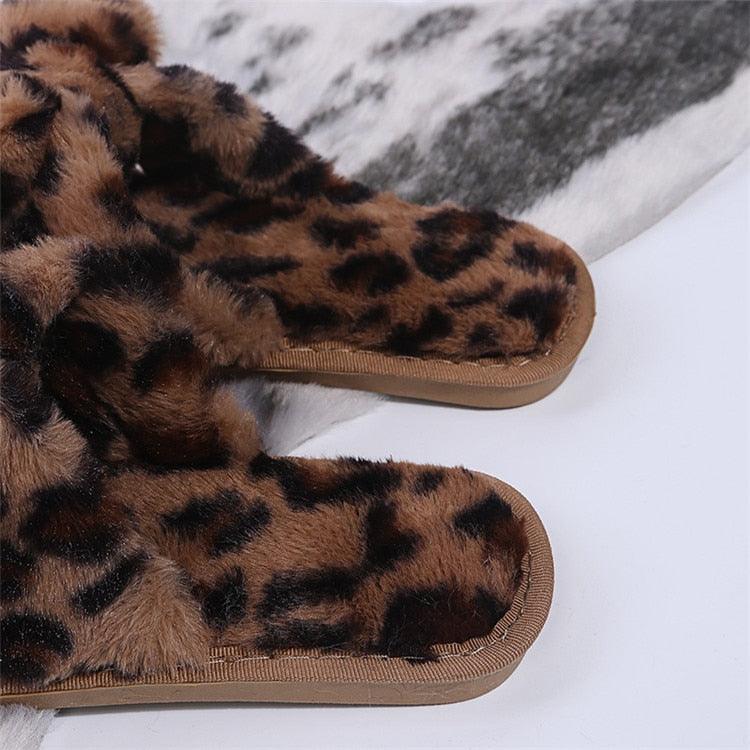 Women Slippers Winter Shoes Home Slippers Faux Fur Slippers Leopard Print Bow Decoration Shoes Faux Fur Slippers Warm Flip Flop House Slippers Open Toe Home Slippers For Girls Stevvex