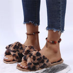 Women Slippers Winter Shoes Home Slippers Faux Fur Slippers Leopard Print Bow Decoration Shoes Faux Fur Slippers Warm Flip Flop House Slippers Open Toe Home Slippers For Girls Stevvex