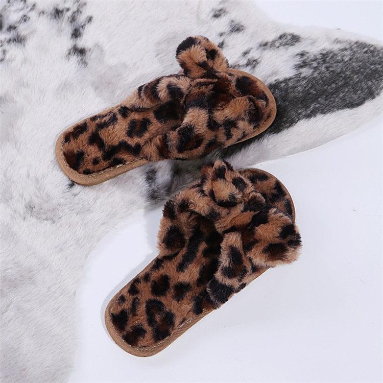 Women Slippers Winter Shoes Home Slippers Faux Fur Slippers Leopard Print Bow Decoration Shoes Faux Fur Slippers Warm Flip Flop House Slippers Open Toe Home Slippers For Girls Stevvex