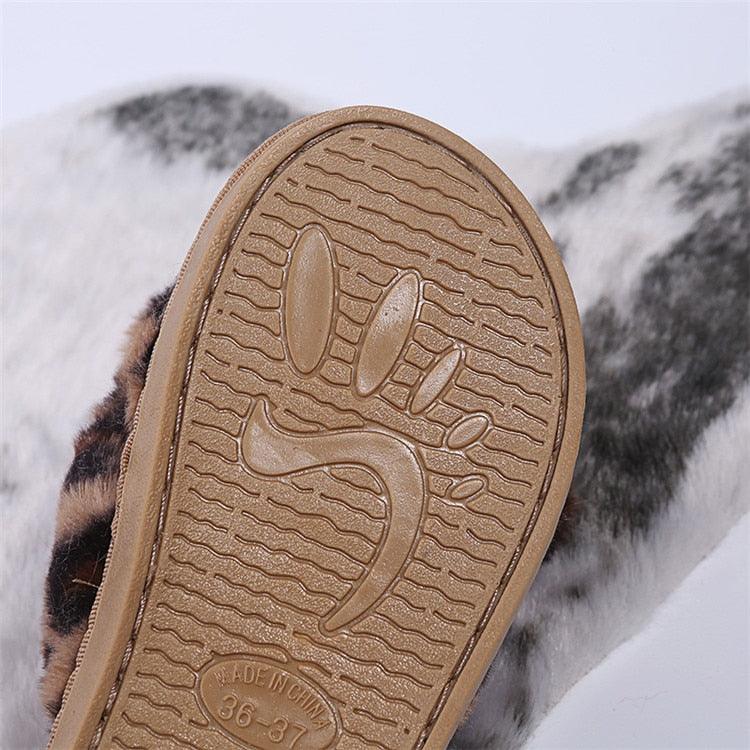Women Slippers Winter Shoes Home Slippers Faux Fur Slippers Leopard Print Bow Decoration Shoes Faux Fur Slippers Warm Flip Flop House Slippers Open Toe Home Slippers For Girls Stevvex