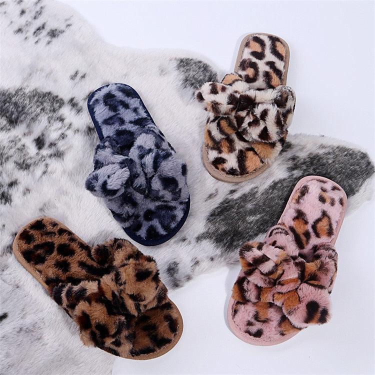 Women Slippers Winter Shoes Home Slippers Faux Fur Slippers Leopard Print Bow Decoration Shoes Faux Fur Slippers Warm Flip Flop House Slippers Open Toe Home Slippers For Girls Stevvex
