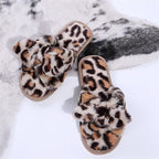 Women Slippers Winter Shoes Home Slippers Faux Fur Slippers Leopard Print Bow Decoration Shoes Faux Fur Slippers Warm Flip Flop House Slippers Open Toe Home Slippers For Girls Stevvex