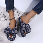 Women Slippers Winter Shoes Home Slippers Faux Fur Slippers Leopard Print Bow Decoration Shoes Faux Fur Slippers Warm Flip Flop House Slippers Open Toe Home Slippers For Girls Stevvex