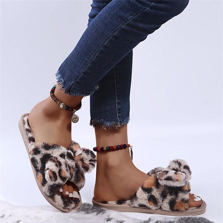 Women Slippers Winter Shoes Home Slippers Faux Fur Slippers Leopard Print Bow Decoration Shoes Faux Fur Slippers Warm Flip Flop House Slippers Open Toe Home Slippers For Girls Stevvex