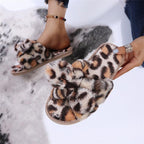 Women Slippers Winter Shoes Home Slippers Faux Fur Slippers Leopard Print Bow Decoration Shoes Faux Fur Slippers Warm Flip Flop House Slippers Open Toe Home Slippers For Girls Stevvex