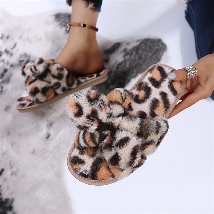 Women Slippers Winter Shoes Home Slippers Faux Fur Slippers Leopard Print Bow Decoration Shoes Faux Fur Slippers Warm Flip Flop House Slippers Open Toe Home Slippers For Girls Stevvex