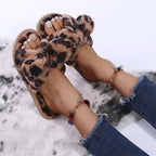 Women Slippers Winter Shoes Home Slippers Faux Fur Slippers Leopard Print Bow Decoration Shoes Faux Fur Slippers Warm Flip Flop House Slippers Open Toe Home Slippers For Girls Stevvex