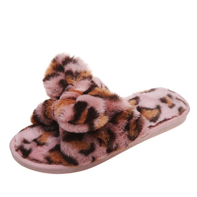 Women Slippers Winter Shoes Home Slippers Faux Fur Slippers Leopard Print Bow Decoration Shoes Faux Fur Slippers Warm Flip Flop House Slippers Open Toe Home Slippers For Girls Stevvex
