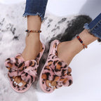 Women Slippers Winter Shoes Home Slippers Faux Fur Slippers Leopard Print Bow Decoration Shoes Faux Fur Slippers Warm Flip Flop House Slippers Open Toe Home Slippers For Girls Stevvex