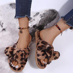 Women Slippers Winter Shoes Home Slippers Faux Fur Slippers Leopard Print Bow Decoration Shoes Faux Fur Slippers Warm Flip Flop House Slippers Open Toe Home Slippers For Girls Stevvex