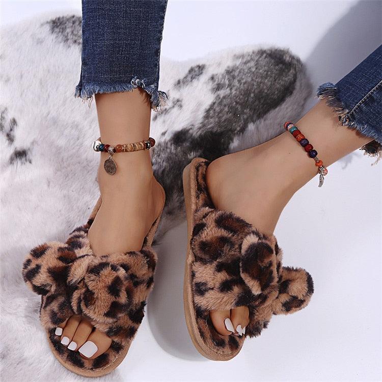 Women Slippers Winter Shoes Home Slippers Faux Fur Slippers Leopard Print Bow Decoration Shoes Faux Fur Slippers Warm Flip Flop House Slippers Open Toe Home Slippers For Girls Stevvex