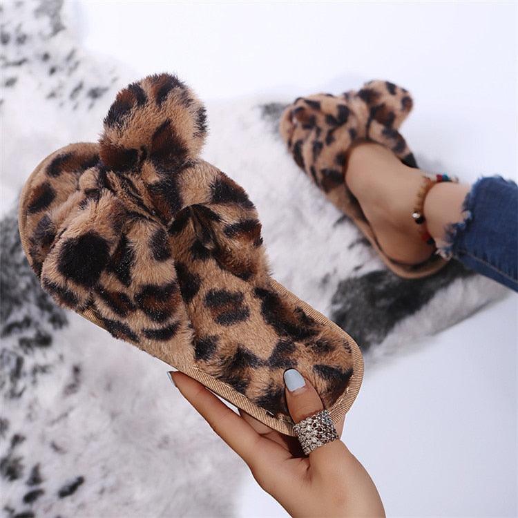 Women Slippers Winter Shoes Home Slippers Faux Fur Slippers Leopard Print Bow Decoration Shoes Faux Fur Slippers Warm Flip Flop House Slippers Open Toe Home Slippers For Girls Stevvex