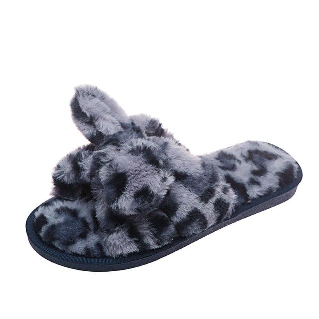 Women Slippers Winter Shoes Home Slippers Faux Fur Slippers Leopard Print Bow Decoration Shoes Faux Fur Slippers Warm Flip Flop House Slippers Open Toe Home Slippers For Girls Stevvex