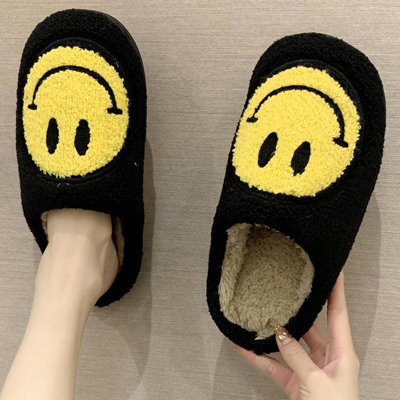 Women Smiley Slippers Fluffy Home Warm Fur Slippers Smiley Face Household Couple Slippers Indoor Warm Home Non-Slip Couple Style Casual Shoes Indoor Outdoor Anti-Skid Plush Fleece Lined House Shoes Stevvex