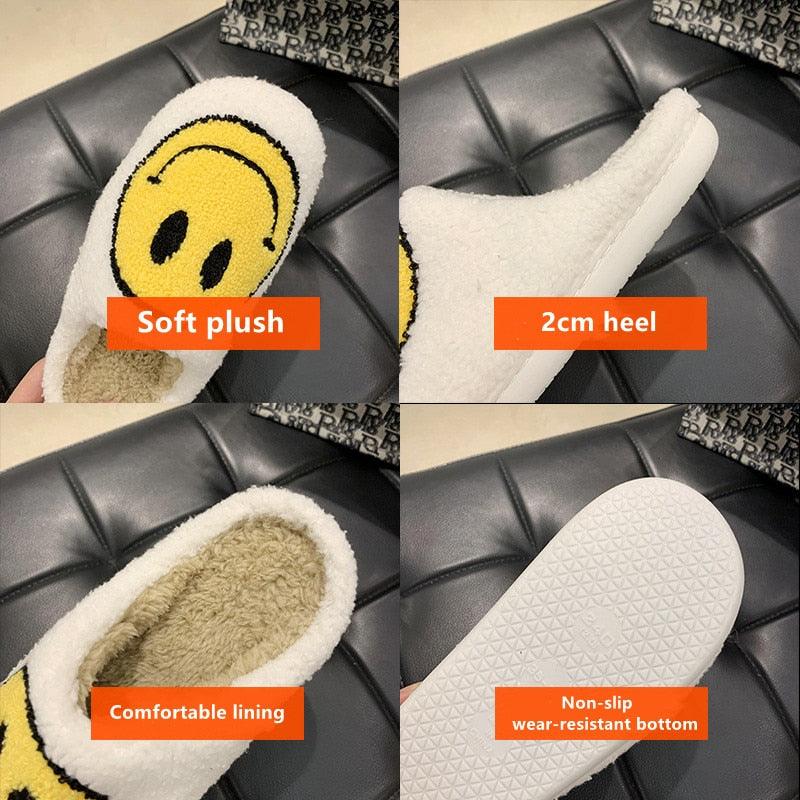 Women Smiley Slippers Fluffy Home Warm Fur Slippers Smiley Face Household Couple Slippers Indoor Warm Home Non-Slip Couple Style Casual Shoes Indoor Outdoor Anti-Skid Plush Fleece Lined House Shoes Stevvex