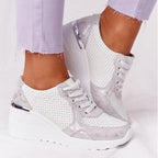 Women Sneakers Leopard Print Lace-Up Women's Vulcanize Shoes Sports Sneakers Breathable Height Increasing Walking Jogging Sneakers Gold Silver Sport Running Women's Sneakers Stevvex
