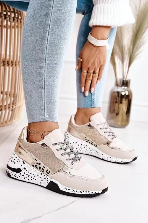 Women Sneakers Leopard Print Lace-Up Women's Vulcanize Shoes Sports Sneakers Breathable Height Increasing Walking Jogging Sneakers Gold Silver Sport Running Women's Sneakers Stevvex
