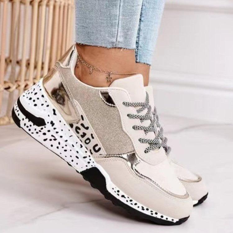 Women Sneakers Leopard Print Lace-Up Women's Vulcanize Shoes Sports Sneakers Breathable Height Increasing Walking Jogging Sneakers Gold Silver Sport Running Women's Sneakers Stevvex