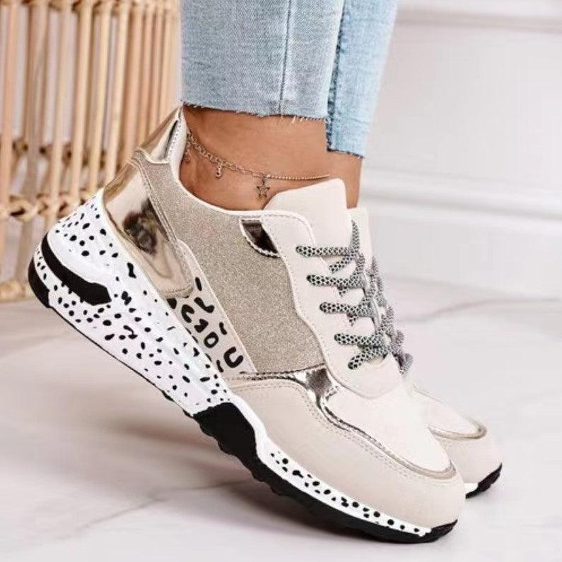 Women Sneakers Leopard Print Lace-Up Women's Vulcanize Shoes Sports Sneakers Breathable Height Increasing Walking Jogging Sneakers Gold Silver Sport Running Women's Sneakers Stevvex
