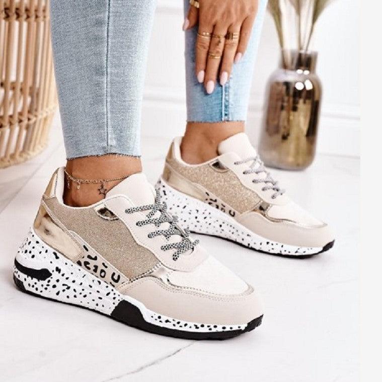 Women Sneakers Leopard Print Lace-Up Women's Vulcanize Shoes Sports Sneakers Breathable Height Increasing Walking Jogging Sneakers Gold Silver Sport Running Women's Sneakers Stevvex