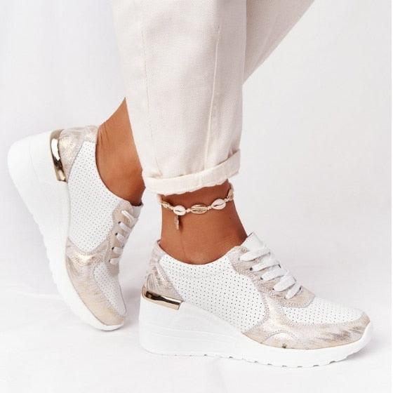 Women Sneakers Leopard Print Lace-Up Women's Vulcanize Shoes Sports Sneakers Breathable Height Increasing Walking Jogging Sneakers Gold Silver Sport Running Women's Sneakers Stevvex
