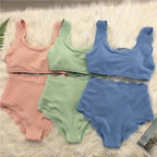 Women Solid Swimwear Female Bathing Suit Scalloped High Waist Bikini Set Two Pieces Women's Solid Color Lace-up High Waist Scoop Collar Padded Bathing Suit