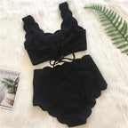 Women Solid Swimwear Female Bathing Suit Scalloped High Waist Bikini Set Two Pieces Women's Solid Color Lace-up High Waist Scoop Collar Padded Bathing Suit