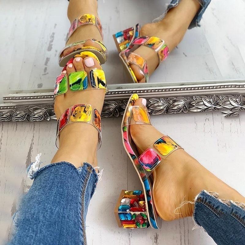 Women Square Heels Summer Sandals Open Toe Multi Colors Shoes Cute Sandals Flip Flops Slip On Fashion Wedding Dress Chunky Block Heels Open Back High Heel Slide Slipper Stevvex