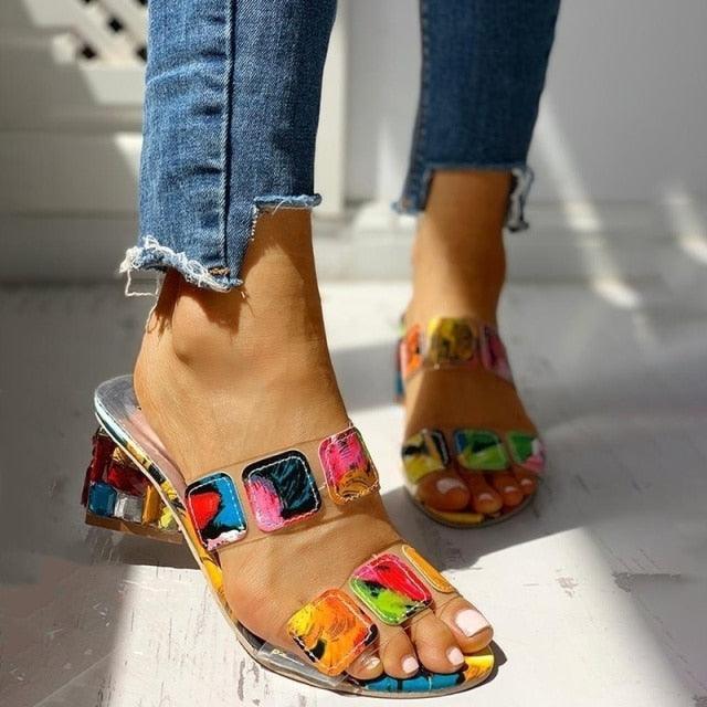 Women Square Heels Summer Sandals Open Toe Multi Colors Shoes Cute Sandals Flip Flops Slip On Fashion Wedding Dress Chunky Block Heels Open Back High Heel Slide Slipper Stevvex