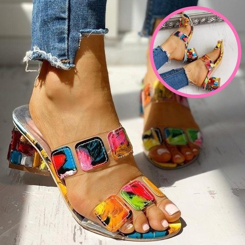 Women Square Heels Summer Sandals Open Toe Multi Colors Shoes Cute Sandals Flip Flops Slip On Fashion Wedding Dress Chunky Block Heels Open Back High Heel Slide Slipper Stevvex