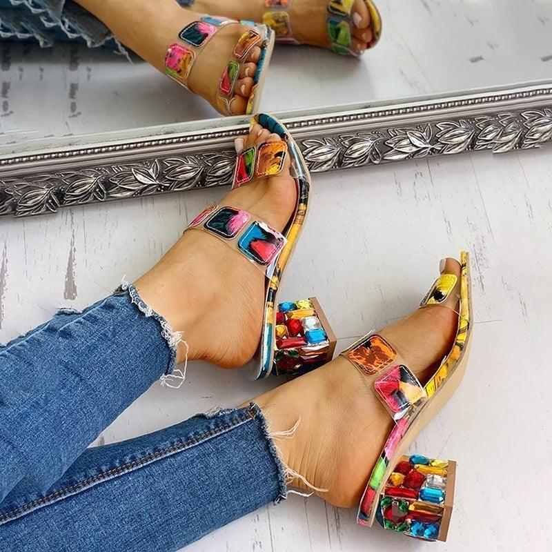 Women Square Heels Summer Sandals Open Toe Multi Colors Shoes Cute Sandals Flip Flops Slip On Fashion Wedding Dress Chunky Block Heels Open Back High Heel Slide Slipper Stevvex
