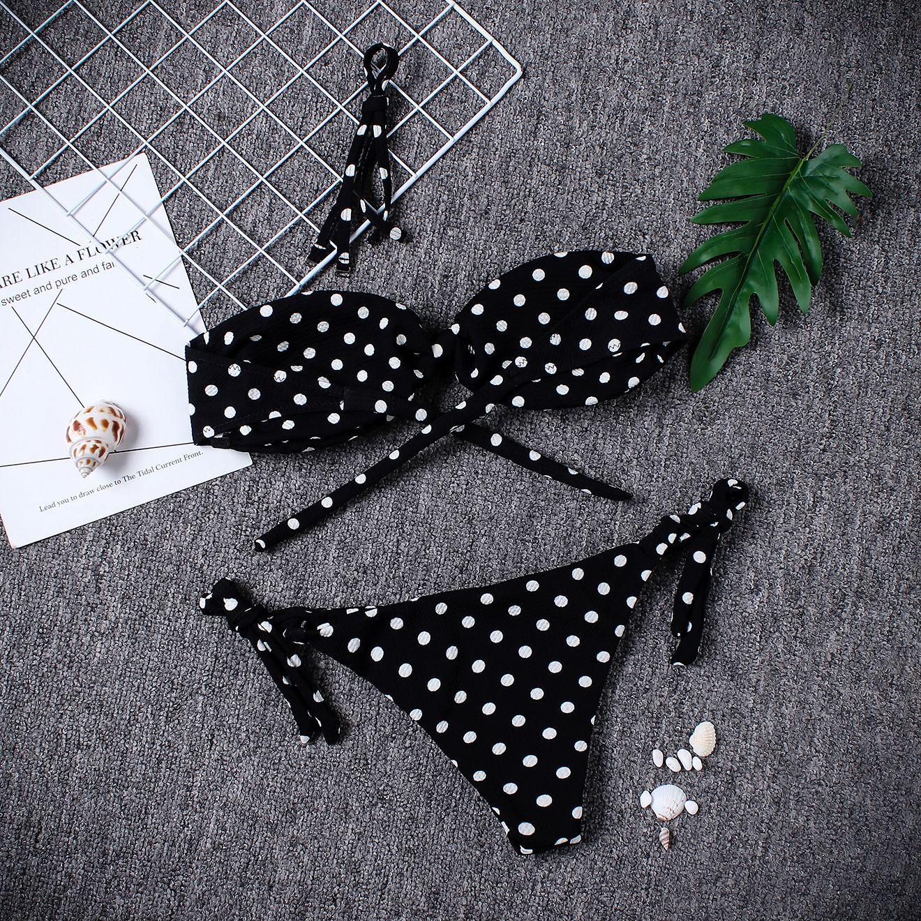 Women Strapless Bandage Push Up Dot Printed Bikini Set Women's Adjustable Bathing Suits Two Piece Swimwear Tie Cutout Low Waist String Bikini Set Lace Up Female Summer Swimwear Swimsuit Beachwear Stevvex