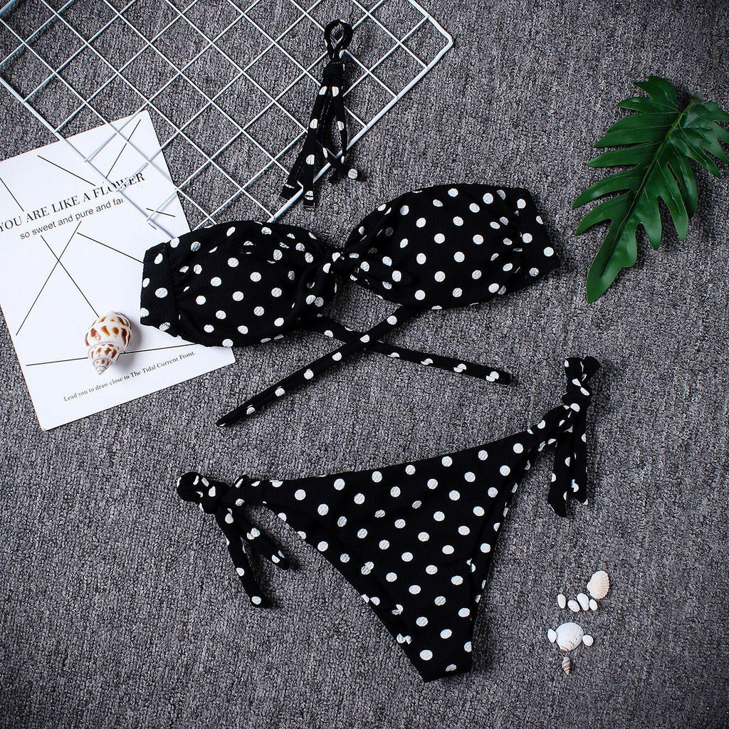 Women Strapless Bandage Push Up Dot Printed Bikini Set Women's Adjustable Bathing Suits Two Piece Swimwear Tie Cutout Low Waist String Bikini Set Lace Up Female Summer Swimwear Swimsuit Beachwear Stevvex