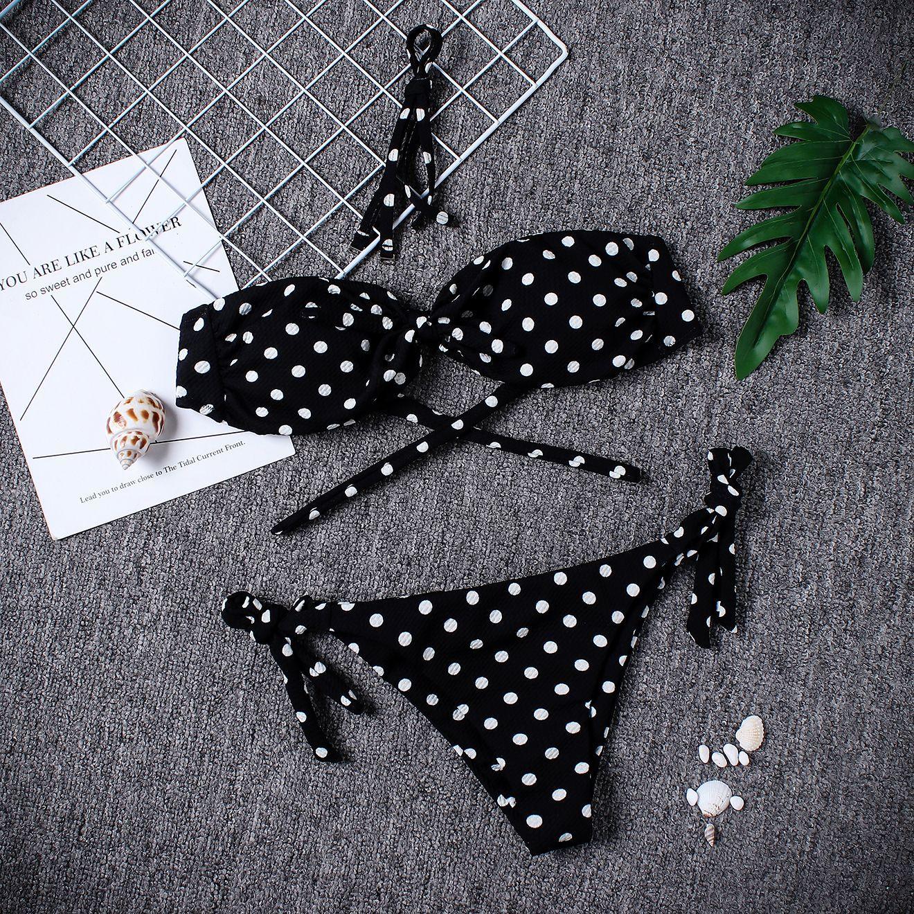 Women Strapless Bandage Push Up Dot Printed Bikini Set Women's Adjustable Bathing Suits Two Piece Swimwear Tie Cutout Low Waist String Bikini Set Lace Up Female Summer Swimwear Swimsuit Beachwear Stevvex
