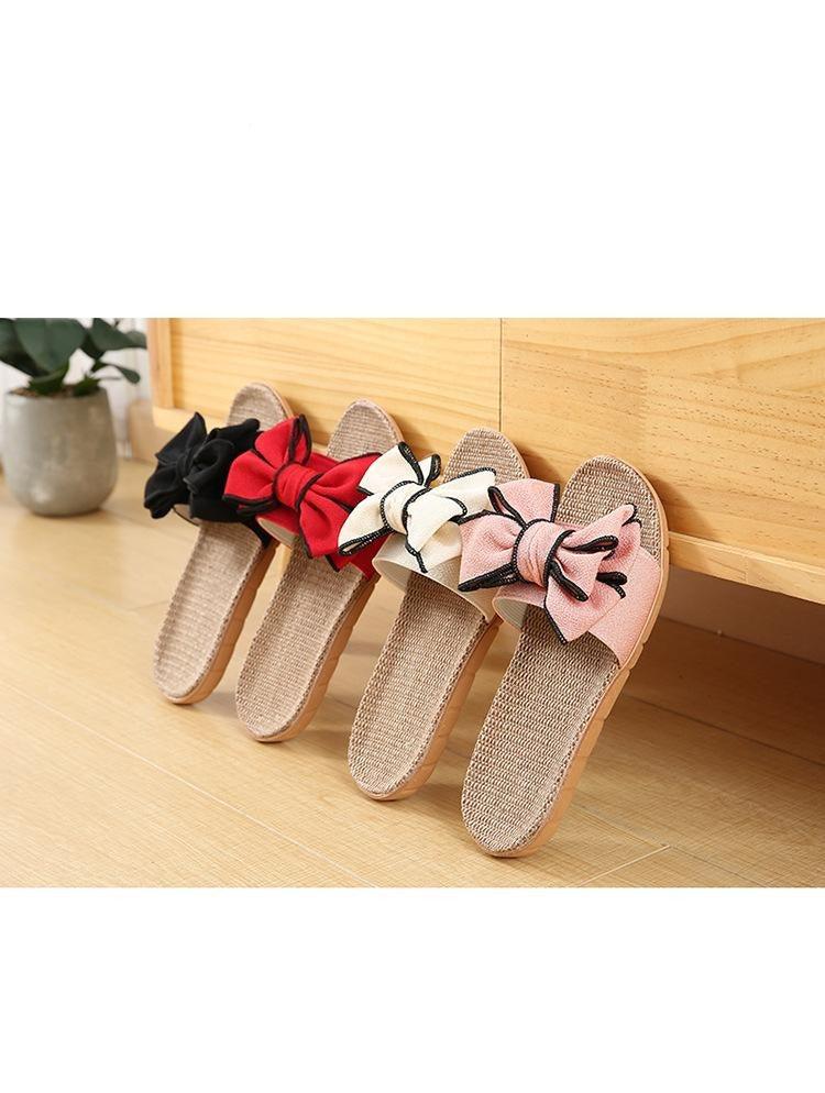 Women Summer Casual Slides Comfortable Flax Slippers Striped Bow Linen Flip Flops Platform Sandals Summer Indoor Slippers Linen Women's Slippers Flower Slippers Stevvex