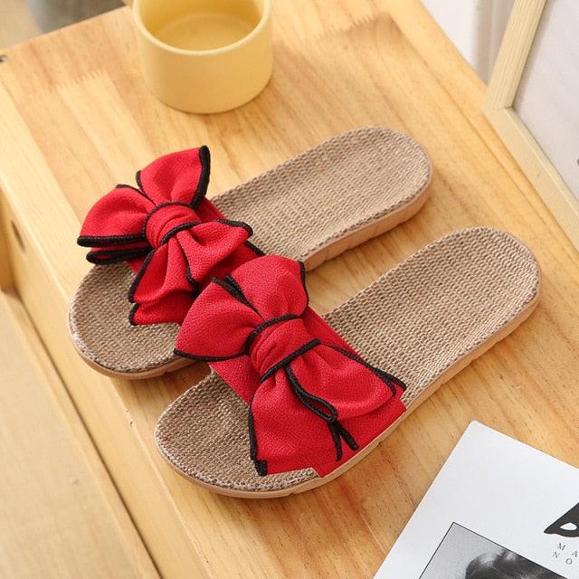 Women Summer Casual Slides Comfortable Flax Slippers Striped Bow Linen Flip Flops Platform Sandals Summer Indoor Slippers Linen Women's Slippers Flower Slippers Stevvex