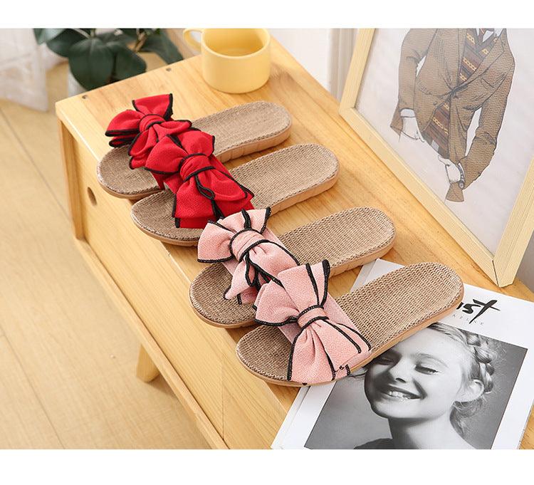 Women Summer Casual Slides Comfortable Flax Slippers Striped Bow Linen Flip Flops Platform Sandals Summer Indoor Slippers Linen Women's Slippers Flower Slippers Stevvex