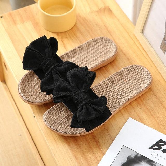 Women Summer Casual Slides Comfortable Flax Slippers Striped Bow Linen Flip Flops Platform Sandals Summer Indoor Slippers Linen Women's Slippers Flower Slippers Stevvex