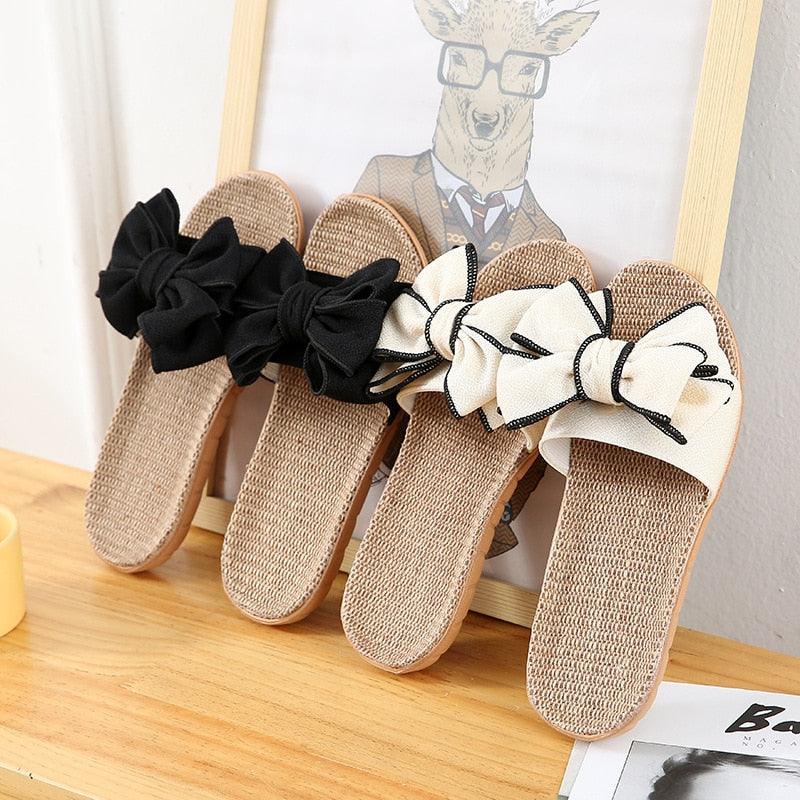Women Summer Casual Slides Comfortable Flax Slippers Striped Bow Linen Flip Flops Platform Sandals Summer Indoor Slippers Linen Women's Slippers Flower Slippers Stevvex