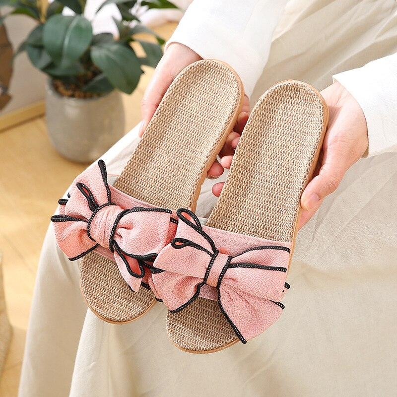 Women Summer Casual Slides Comfortable Flax Slippers Striped Bow Linen Flip Flops Platform Sandals Summer Indoor Slippers Linen Women's Slippers Flower Slippers Stevvex