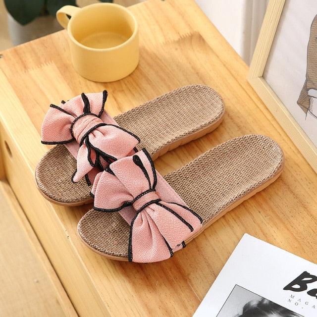 Women Summer Casual Slides Comfortable Flax Slippers Striped Bow Linen Flip Flops Platform Sandals Summer Indoor Slippers Linen Women's Slippers Flower Slippers Stevvex