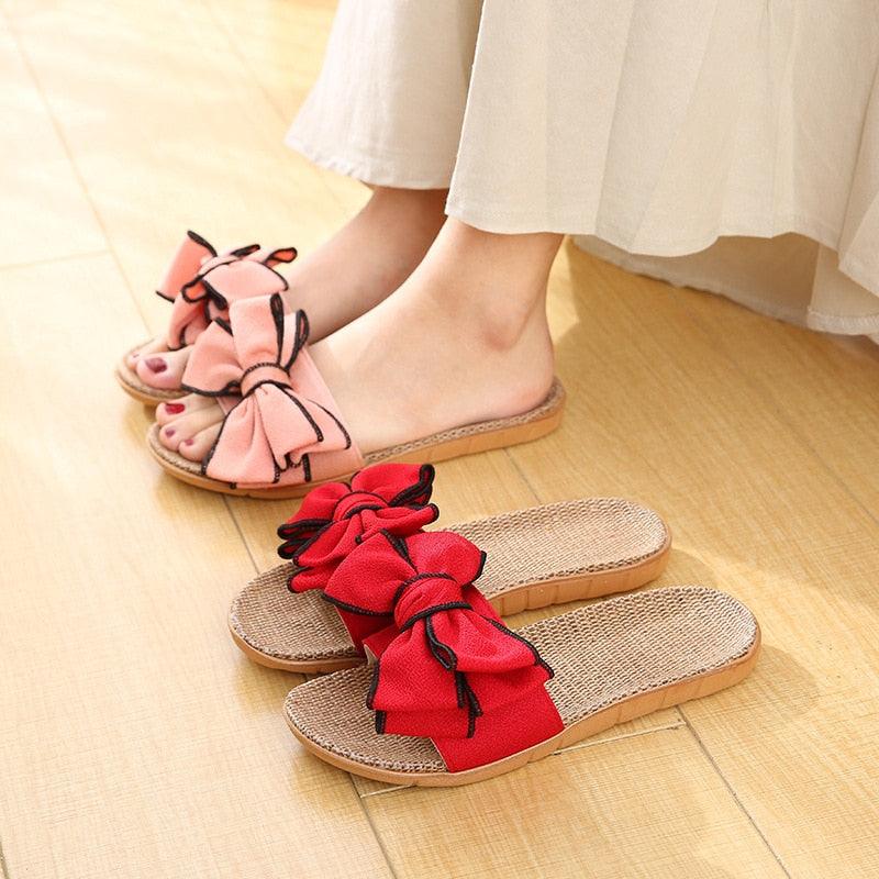 Women Summer Casual Slides Comfortable Flax Slippers Striped Bow Linen Flip Flops Platform Sandals Summer Indoor Slippers Linen Women's Slippers Flower Slippers Stevvex