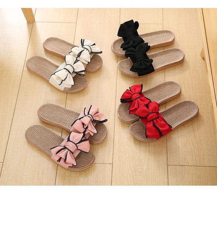 Women Summer Casual Slides Comfortable Flax Slippers Striped Bow Linen Flip Flops Platform Sandals Summer Indoor Slippers Linen Women's Slippers Flower Slippers Stevvex