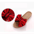 Women Summer Casual Slides Comfortable Slippers Striped Bow Linen Flip Flops Platform Sandals Unisex Linen Summer Beach Shoes Lightweight Skidproof Indoor Slippers Home Breathable Sandals