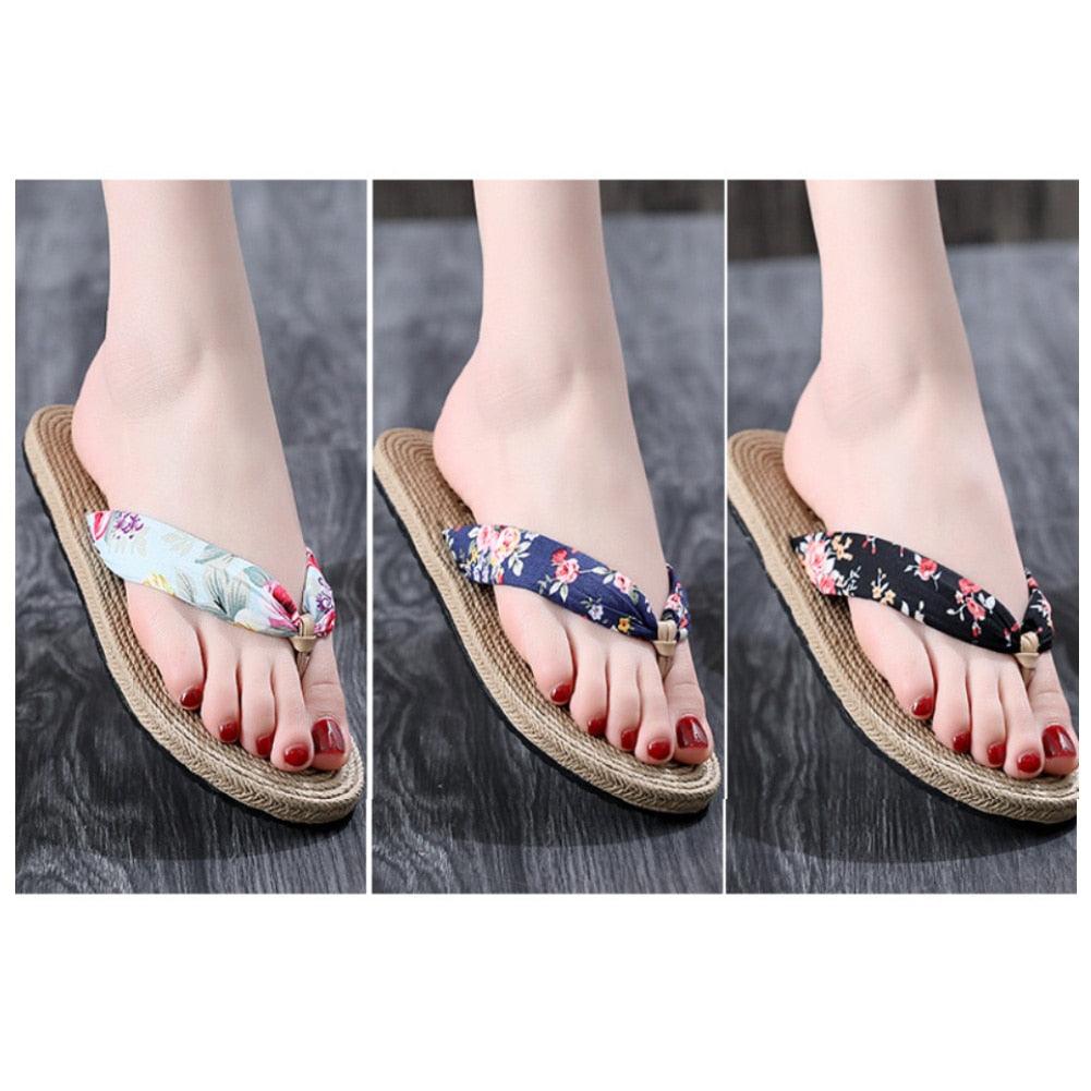 Women Summer Floral Flip Flops Beach Sandals Thongs Slippers Hemp Rope Travel Flip-Flops Unisex Home Slippers Flax Women House Slipper Open-Toe Breathable Slippers Stevvex