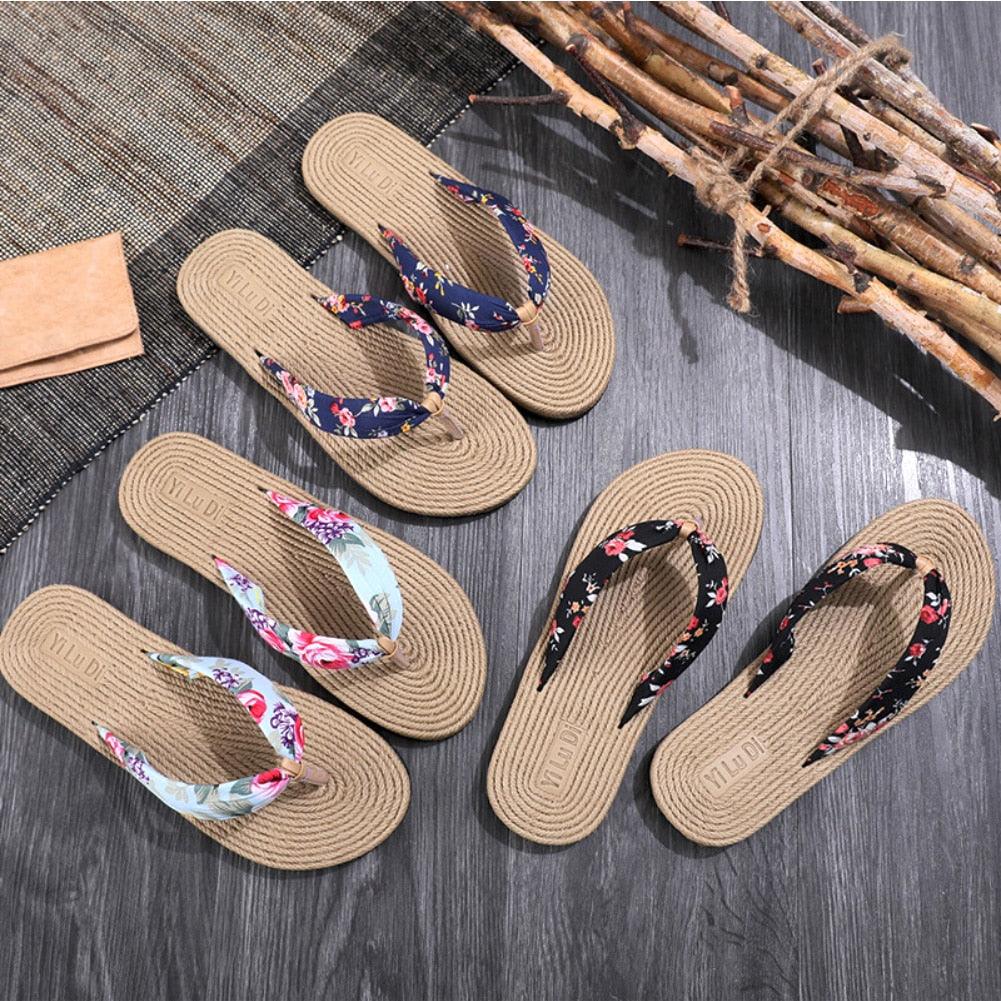 Women Summer Floral Flip Flops Beach Sandals Thongs Slippers Hemp Rope Travel Flip-Flops Unisex Home Slippers Flax Women House Slipper Open-Toe Breathable Slippers Stevvex