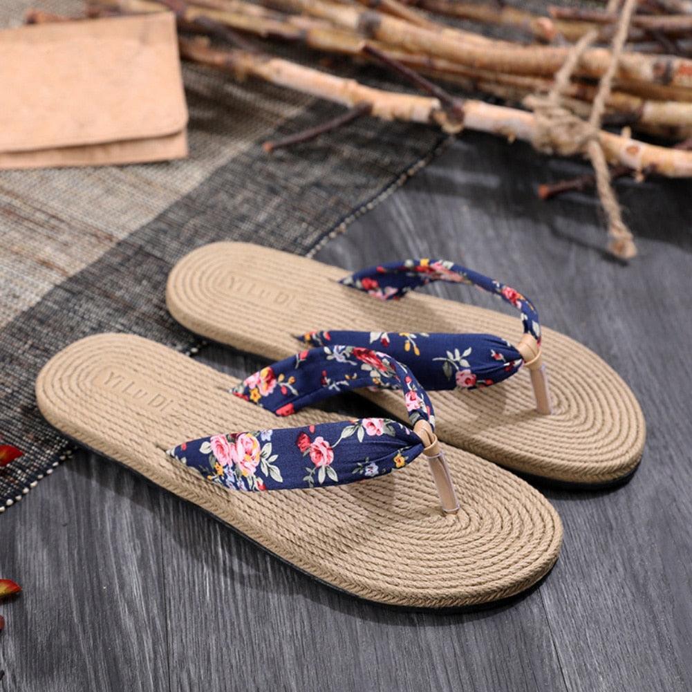 Women Summer Floral Flip Flops Beach Sandals Thongs Slippers Hemp Rope Travel Flip-Flops Unisex Home Slippers Flax Women House Slipper Open-Toe Breathable Slippers Stevvex